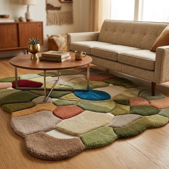 Abstract Pebble Wool Rug, Hand-Tufted Irregular Modern Floor Decor