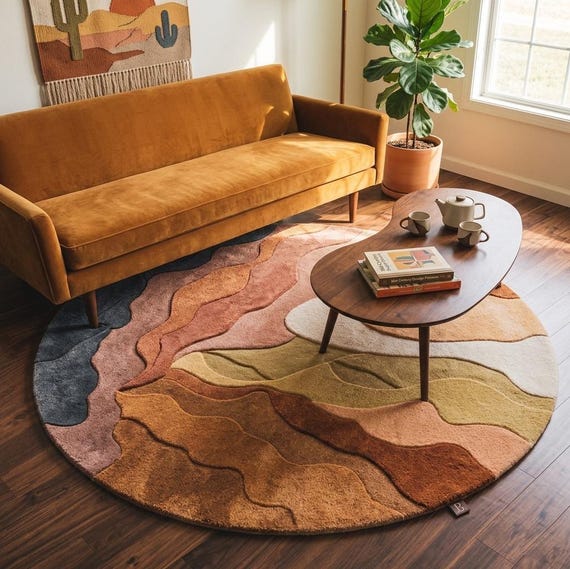 Hand-Tufted Wool Canyon Landscape Round Rug – Earth Tone Abstract Wavy Carpet