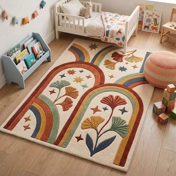 Hand-Tufted Wool Rainbow Ginkgo Leaf Area Rug – Retro Mid-Century Modern Carpet