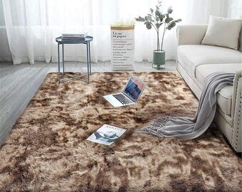 Tapis à poils longs ultra doux teint par nœuds, moquette pelucheuse en fausse fourrure marron clair, tapis de sol confortable