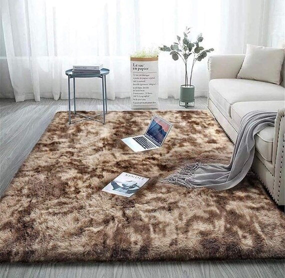 Ultra Soft Tie-Dye Shaggy Rug, Brown Tan Plush Faux Fur Carpet, Cozy Floor Mat