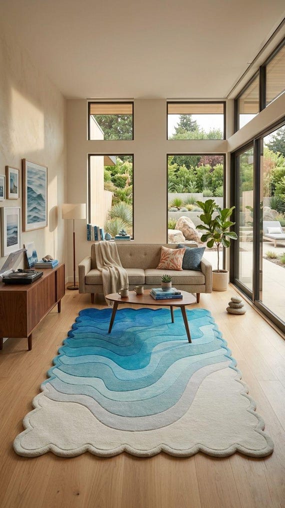 Ocean Wave Gradient Tufted Rug, Modern Abstract Coastal Carpet, Soft Living Room Bedroom