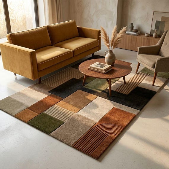 Mid Century Modern Geometric Wool Rug, Earthy Tones Hand-Tufted Area Carpet