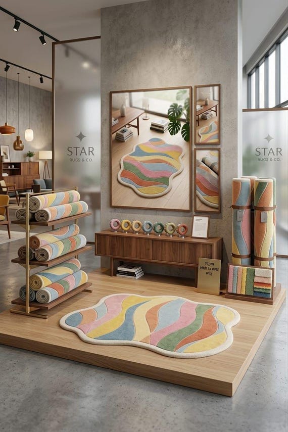 Abstract Wavy Wool Rug, Pastel Tufted Irregular Carpet, Modern Home Decor