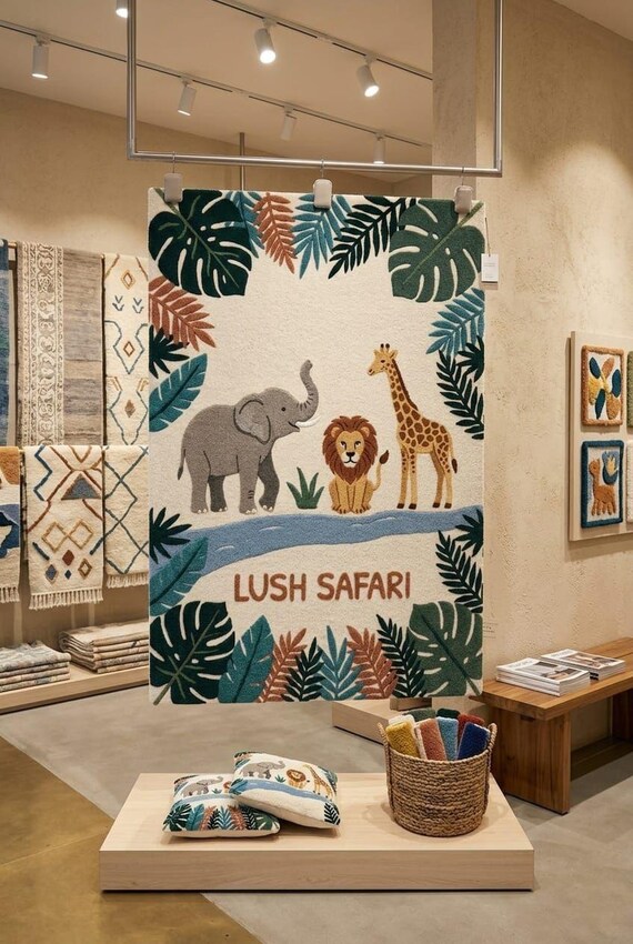 Hand-Tufted Safari Nursery Rug, Jungle Animals Play Mat, Lion Elephant Giraffe Decor