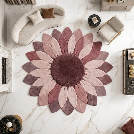 Hand-Tufted 3D Sunflower Rug – Mauve, Dusty Pink Floral Area Rug Biophilic Design