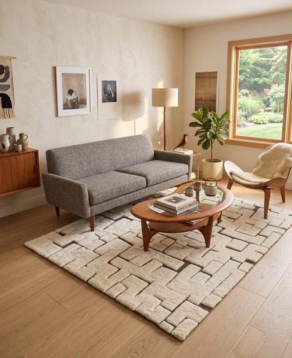 Hand Knotted Wool Rug, Abstract Geometric Pattern, Neutral Beige Textured Carpet