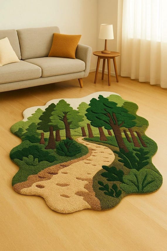 Handmade Forest Path Tufted Rug, Woodland Nursery Decor, Nature Inspired Carpet