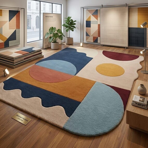 Hand Tufted Abstract Geometric Rug, Scandinavian Minimalist Carpet, Colorful Living Room Decor