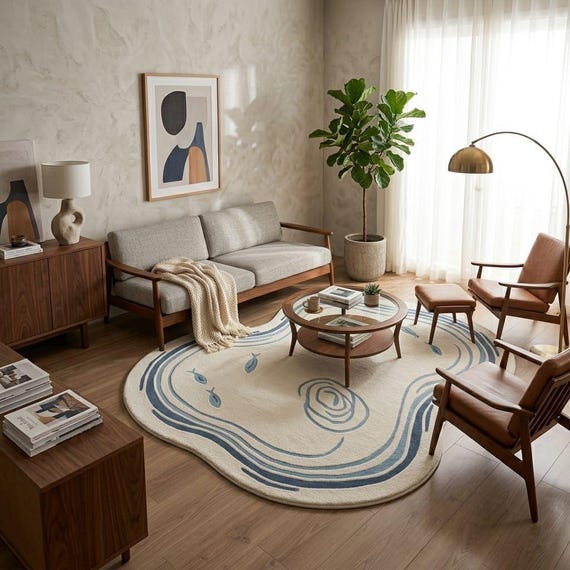 Hand-Tufted Wool Pond Rug – Irregular Koi Fish Area Carpet, Japandi Biophilic Decor