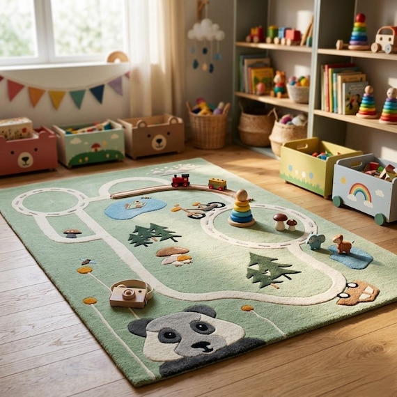 Hand Tufted Panda Woodland Play Rug, Winding Road Nursery Carpet, Soft Green Play Mat