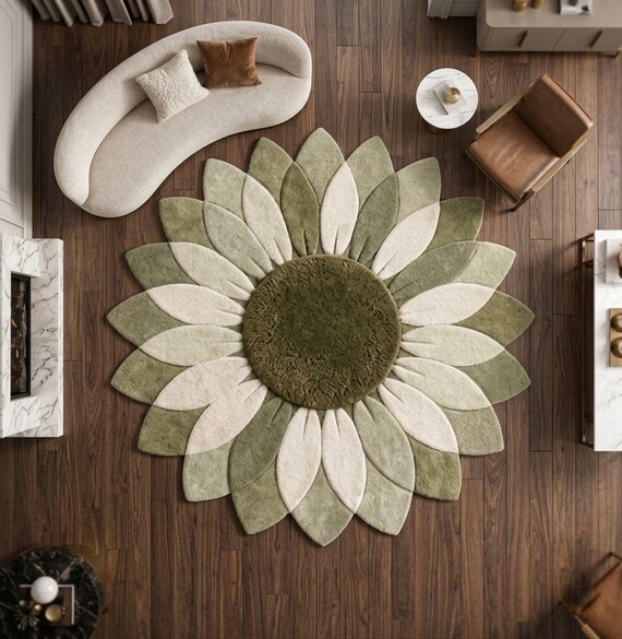 Sage Green Floral Tufted Rug, Boho Sunburst Botanical Carpet