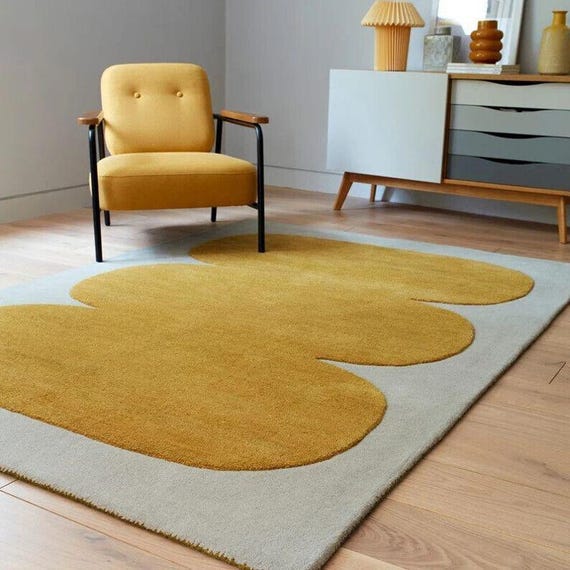 Mid Century Modern Abstract Rug, Mustard Yellow Organic Shape Tufted Carpet