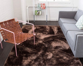 Tapis à poils longs brun chocolat touffeté à la main – Moquette ultra douce à poils longs