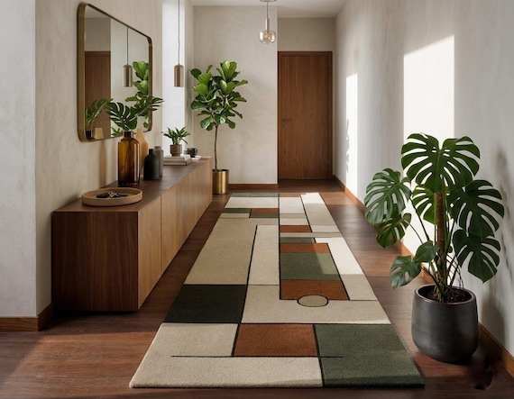 Hand Tufted Wool Runner Rug, Geometric Mid Century Modern Hallway Carpet