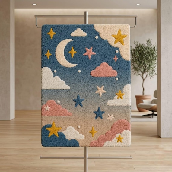 Hand Tufted Wool Moon Star Cloud Nursery Rug, Kids Bedroom Carpet