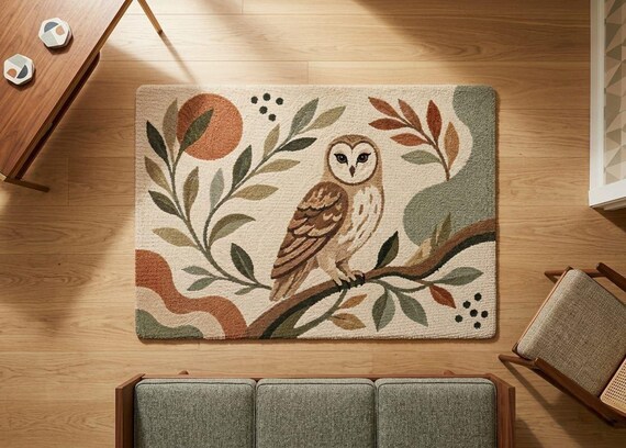 Hand Tufted Wool Owl Rug – Botanical Woodland Nursery Decor, Sage Green Brown