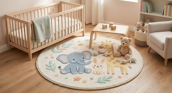 Soft Safari Round Nursery Rug | Elephant, Giraffe, Bunny Play Mat | Boho Kids Decor