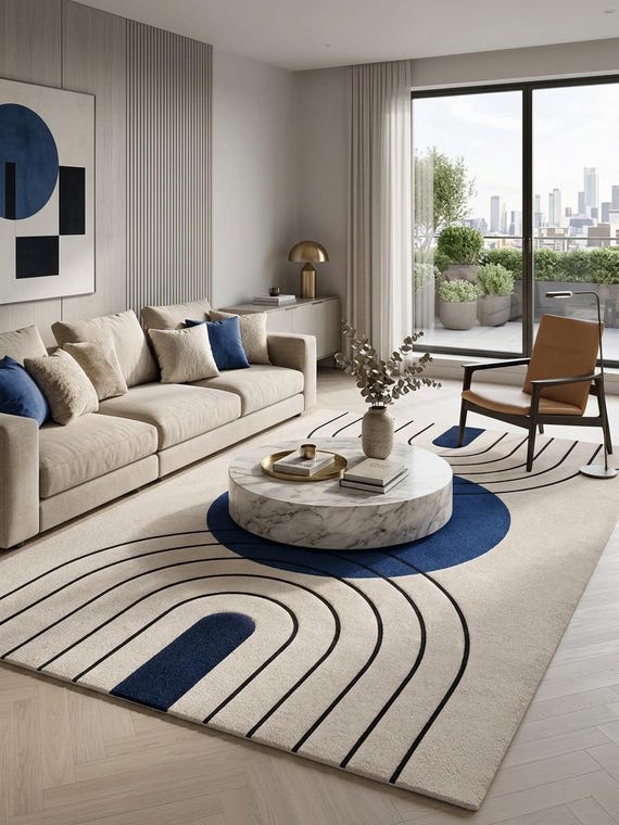 Modern Geometric Area Rug, Abstract Blue Circle Scandinavian Carpet, Living Room Decor