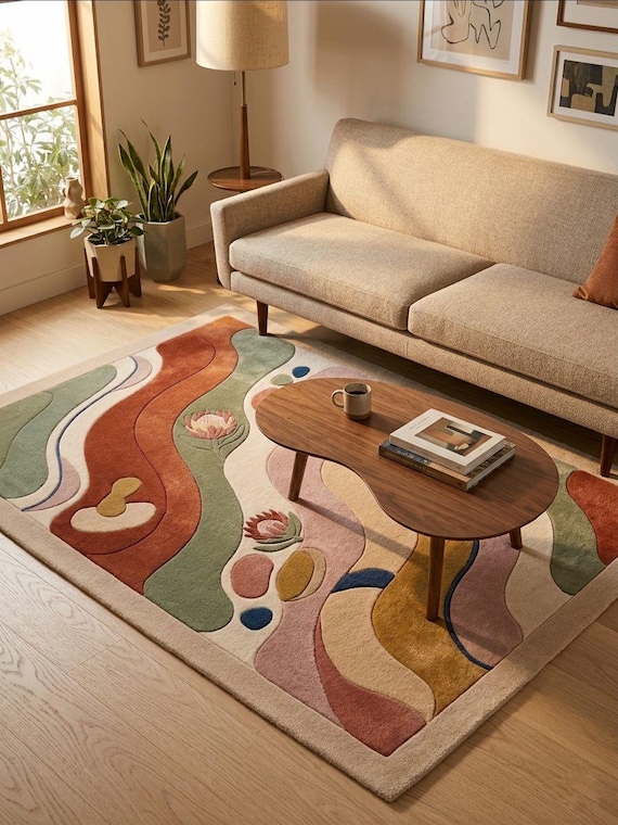 Hand-Tufted Protea Floral Wool Rug – Abstract Organic Waves Earth Tone Decor