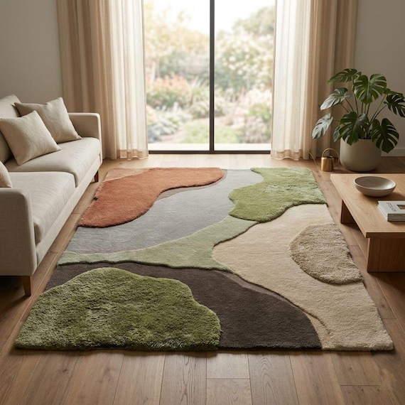 Hand-Tufted Abstract Organic Rug – Earthy Tones, Moss Green, Terracotta Decor