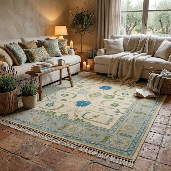 Hand Knotted Oushak Wool Rug, Vintage Floral Turkish Area Carpet