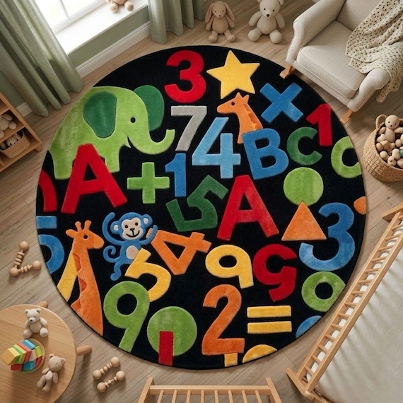 Round Educational Rug | ABC, 123, Animals, Shapes Playroom Carpet
