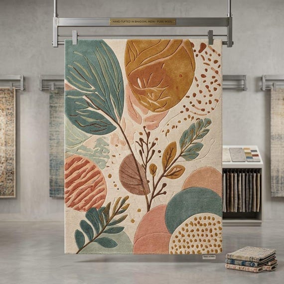 Hand-Tufted Wool Area Rug – Abstract Botanical Sage Green Carpet