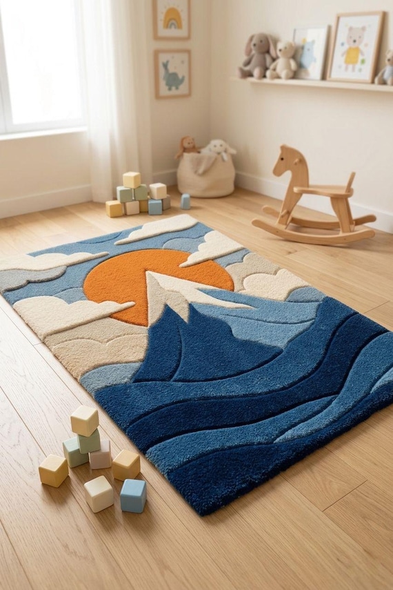 Hand Tufted Wool Mountain Sun Clouds Nursery Rug, Boho Landscape Carpet