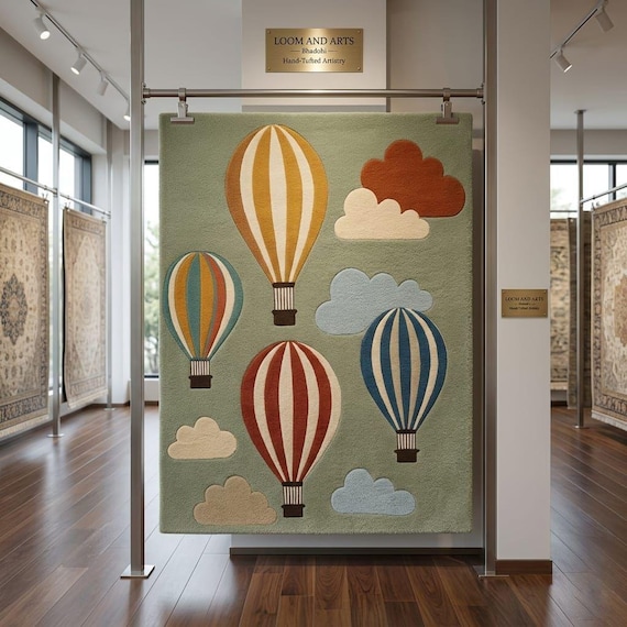 Hand-Tufted Wool Hot Air Balloon Rug – Sage Green, Terracotta Nursery Decor
