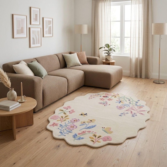 Hand Tufted Wool Floral Rug, Pastel Scalloped Edge Nursery Carpet, Kids Room Decor