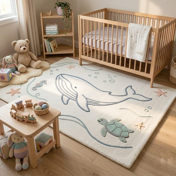 Hand-Tufted Whale Turtle Nursery Rug – Ocean Play Mat for Baby Room