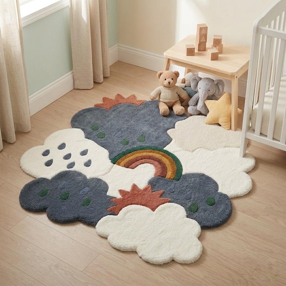 Hand-Tufted Cloud and Rainbow Rug – Wavy Sunburst Accent Carpet