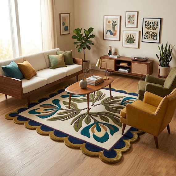 Hand Tufted Wool Rug, Scalloped Border, Arts and Crafts Floral Square Carpet