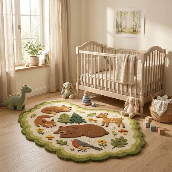 Hand-tufted Woodland Animals Nursery Rug, Scalloped Edge Play Mat