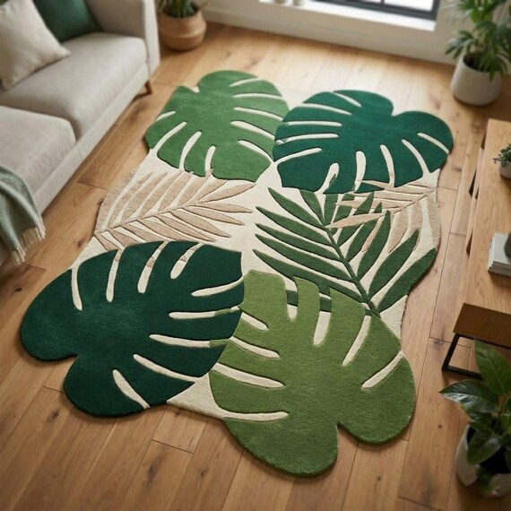 Hand-Tufted Wool Monstera Leaf Rug – 3D Tropical Botanical Area Carpet