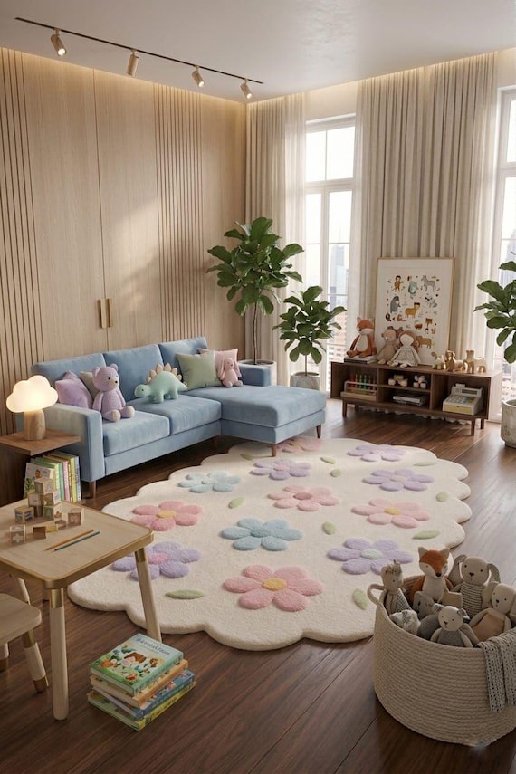 Pastel Floral Tufted Rug, Handmade Daisy Carpet, Scalloped Edge Nursery Decor