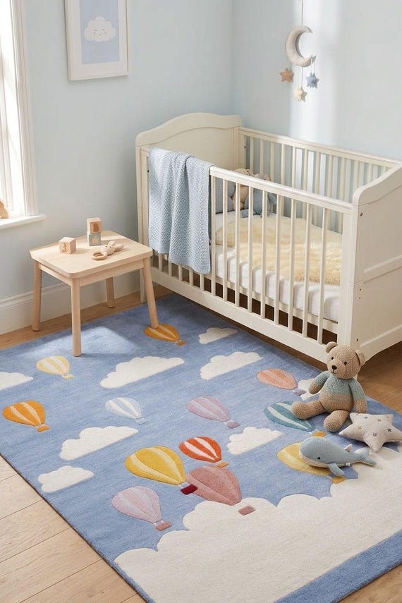 Hand Tufted Hot Air Balloon Cloud Nursery Rug, Pastel Kids Playroom Carpet