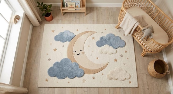 Hand-Tufted Wool Moon and Clouds Nursery Rug – 3D Textured Scandinavian Playroom Carpet