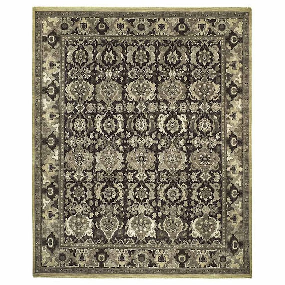 Hand Knotted Oushak Rug, Vintage Turkish Wool Carpet, Beige Floral Area Rug