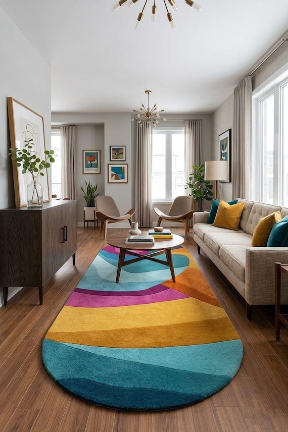 Ocean Wave Gradient Tufted Rug, Modern Abstract Coastal Carpet, Soft Living Room Bedroom Decor