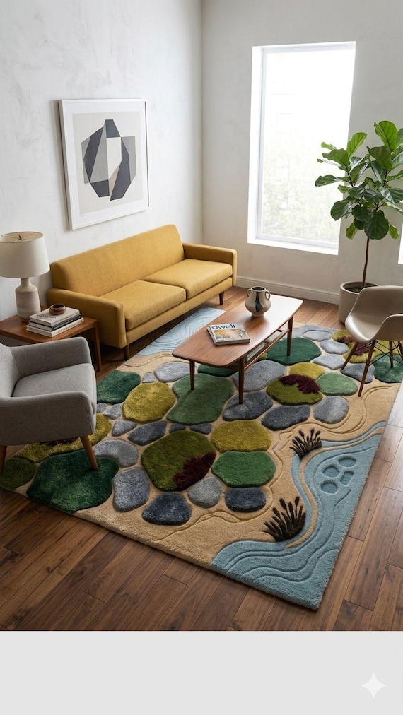 Nature Inspired Pebble Tufted Rug, Abstract Stone Carpet, Modern Textured Floor Rug