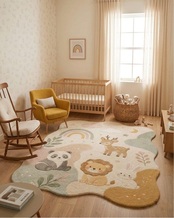 Hand Tufted Safari Animal Nursery Rug – Pastel Woodland Carpet for Kids Room