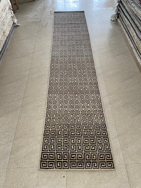 Hand Knotted Wool Runner Rug: Black Greek Key Geometric Hallway Modern Stairs Entryway