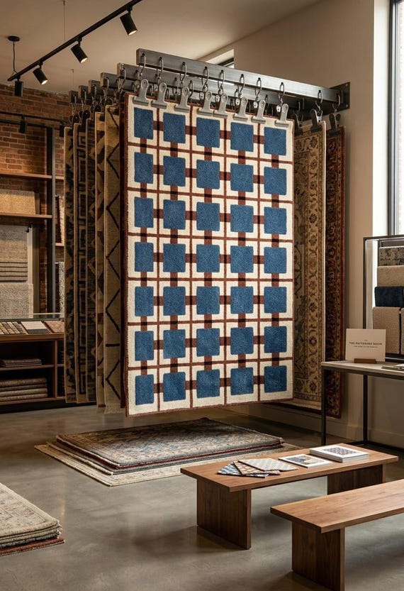 Handmade Tufted Wool Rug, Blue Geometric Square Pattern Carpet