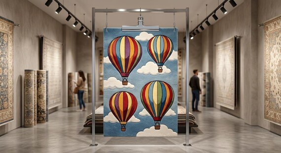 Hand-Tufted Wool Hot Air Balloon Nursery Rug – Colorful Sky Playroom Carpet