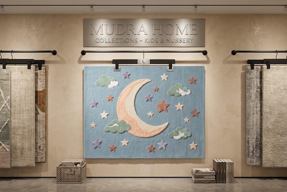 Hand-Tufted Moon Stars Nursery Rug – 3D Textured Wool Carpet for Kids Bedroom