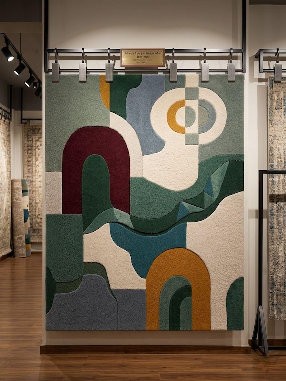 Hand-Tufted Wool Abstract Geometric Rug, Modern Scandinavian Boho Carpet