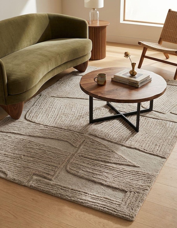 Hand-Tufted Abstract Wool Rug – Textured Beige Neutral Area Carpet