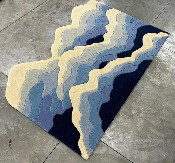 Hand Tufted Wool Rug, Abstract Wavy Blue Grey Cream Area Carpet